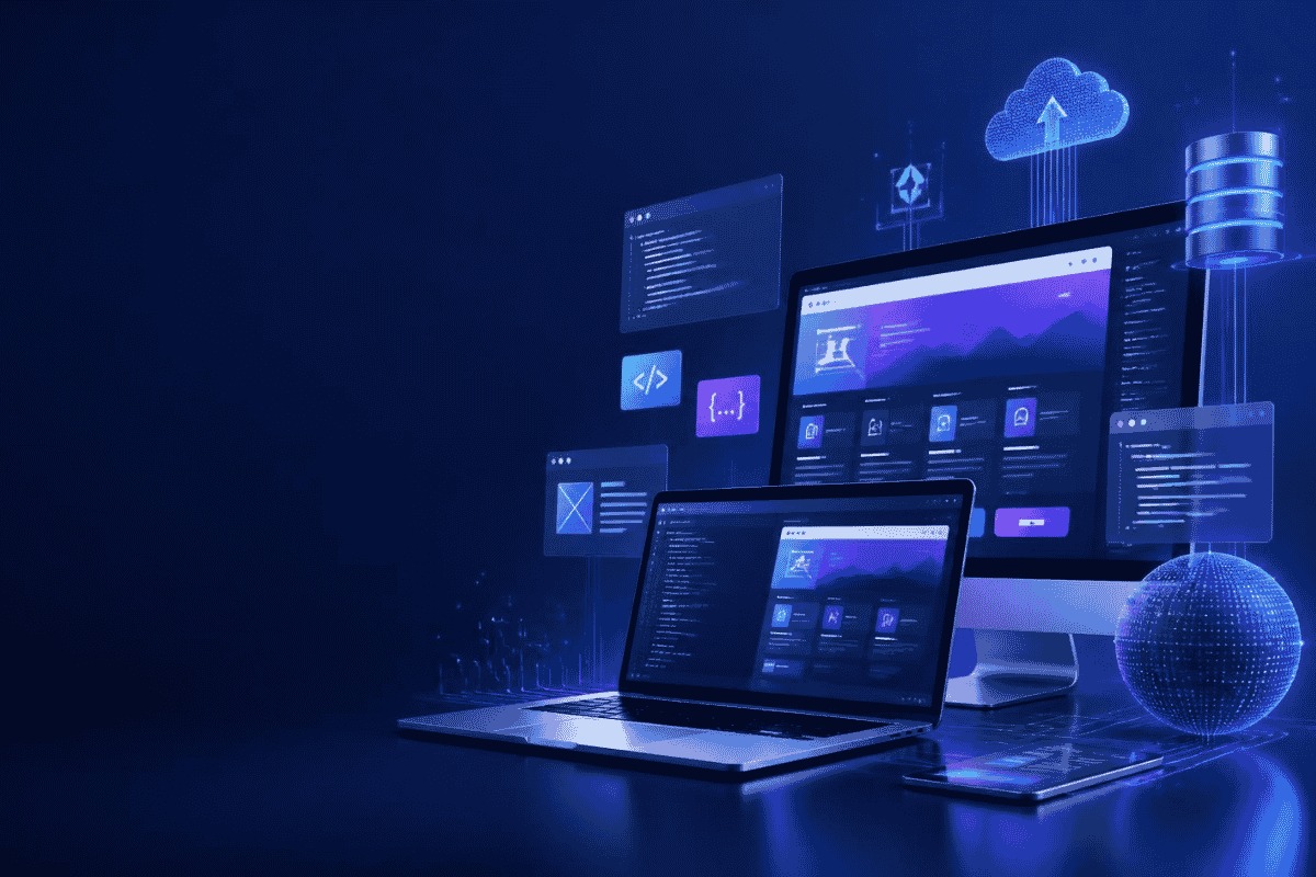 Digital technology workspace with laptop, analytics dashboard and AI visuals